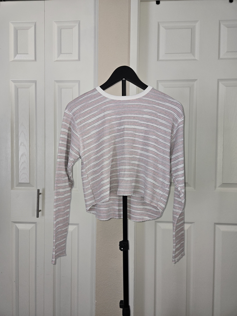 Topshop Pink & White Striped Long-Sleeve Crop Tee